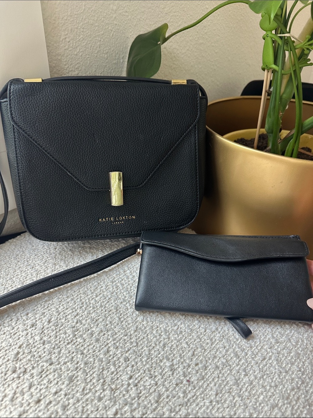 Katie Loxton Black Leather Crossbody with Matching Wristlet